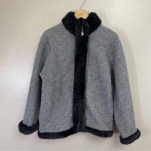 lisa international Womens size medium Blazer boiled Wool Gray faux fur